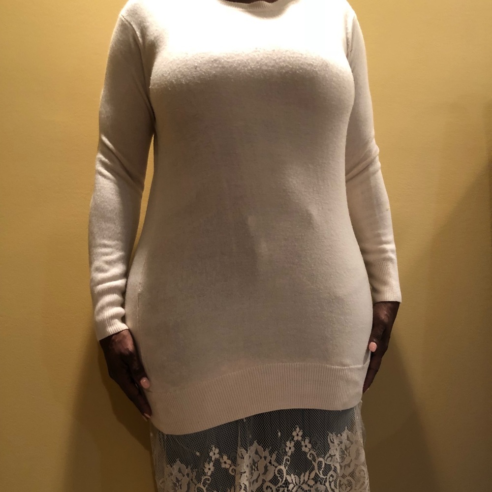 Cream sweater dress with lace